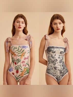 Visual Mood Joanna Reversible Tie Shoulder One Piece Swim EUC Sz L Cottagecore